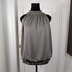 Adrianna Papell Ruched Neckline Bloused Hem Sleeveless Dark Olive Top Large